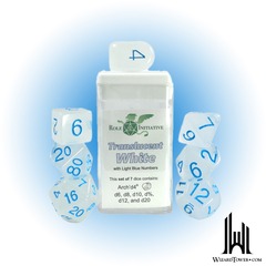 SET OF 7 DICE: TRANSLUCENT WHITE/BLUE